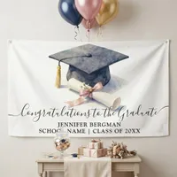 Elegant Watercolor Navy Cap and Diploma Graduation Banner