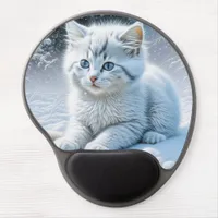 Cute White Cat Playing in the Snow Gel Mouse Pad