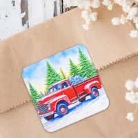 Christmas Red Truck with Pine Trees Square Sticker