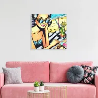 Beautiful Retro Lady at the Beach with Cocktail Canvas Print