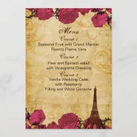 Pink vintage eiffel tower Paris wedding menu cards