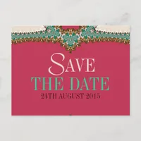 Lacy Teal Gold Pink Unique Save the Date Postcard