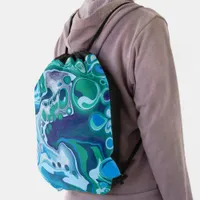 Blue Green Digital Marble Fluid Art   Drawstring Bag