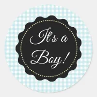 It's a Boy! Baby Shower Blue gingham Stickers