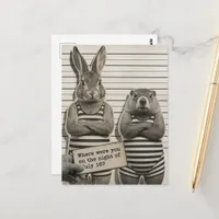 Cute Wildlife Criminals Groundhog and Rabbit Postcard