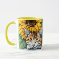 Sweet Sleepy Kitty Cat and Sunflowers Personalized Mug