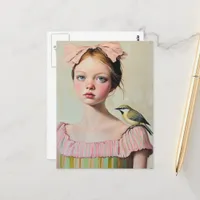 Girl with Cute Bird on Her Shoulder Postcard
