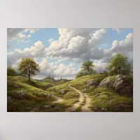 Oil painting of winding path through cottage hills poster