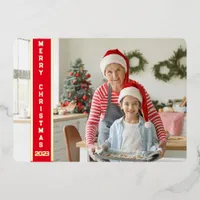 Collage 4 Photos Merry Christmas Red Family Gold Foil Holiday Card
