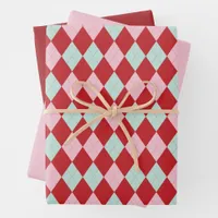 Red Pink & Green Christmas Argyle Wrapping Paper Sheets