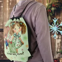 Unbearably Sweet Girl and Teddy Bear Drawstring Bag