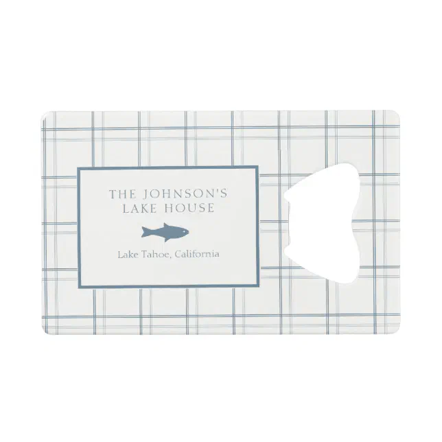 Classic Customizable Plaid Lake House Blue Fish Credit Card Bottle Opener