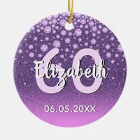 60th birthday party purple pink glitter name ceramic ornament