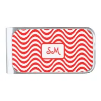 Monogram Red & White Wavy Stripes Psychedelic Silver Finish Money Clip