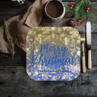 Elegant Blue Gold Snowflakes Merry Christmas Paper Plates