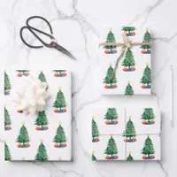 Watercolor Style Christmas Trees and Gifts Pattern Wrapping Paper Sheets