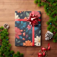 Floral reds and blues on black wrapping paper