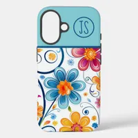 Mod Blue, Pink, Yellow Flowers Monogrammed iPhone 16 Case