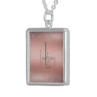 Rose Gold Brushed Metal Glitter Monogram | Sterling Silver Necklace