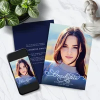 Modern Elegant Script Navy Blue Photo Graduation Announcement