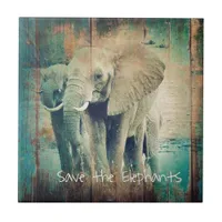 Save the Elephants Blue Wood Grunge Digital Art Tile