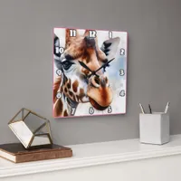 Giraffe roaming the African savannah Square Wall Clock