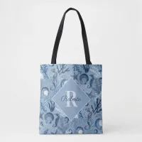 Blue Ocean Sea Life Coastal Monogram Tote Bag