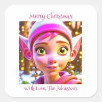 Cute Pink Elf Whimsical Personalized Christmas Square Sticker