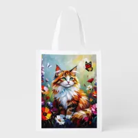 Cute Whimsical  Cat, Flowers and Butterflies Grocery Bag