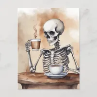 Watercolor Skeleton Enjoys Coffee Postcard