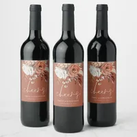 Boho Terracotta Florals Cheers Names Brown Wedding Wine Label