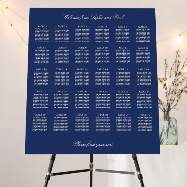 Navy Blue 30 Table Wedding Seating Chart Foam Board