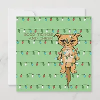 Cheer Cat Funny Tangled Kitty in Xmas Lights Green Holiday Card