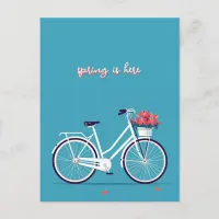 White Bicycle Pink Flowers Blue Background Postcard