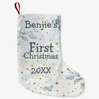 Baby First Christmas Photo Name Date Blue Leaf Small Christmas Stocking