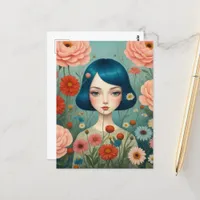 Blue Hair and Flowers Postcard