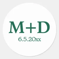 Minimalist Green Couple Initials & Date Classic Round Sticker