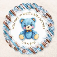 Blue and Brown Crocheted Teddy Bear It's a Boy Paper Coaster