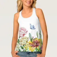 Yellow Lily, Pink and White Peonies, and Butterfly Tank Top