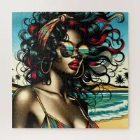 Retro Woman on Beach Comic Style Pop Art Jigsaw Puzzle