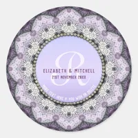 Lavender Lace  Monogram Wedding Classic Round Sticker