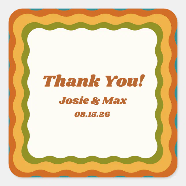 Wavy Border Retro 70s Colorful Thank You Wedding  Square Sticker