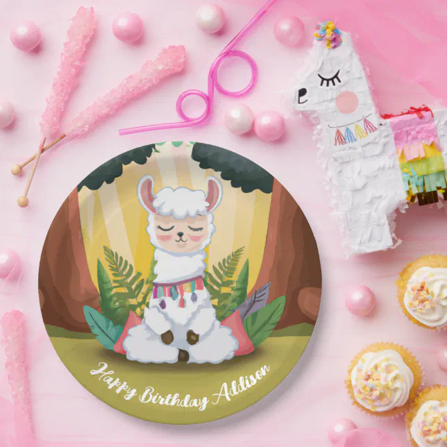 Cute Llama Meditating in Magical Forest Birthday Paper Plates