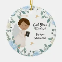 God Bless Keepsake Boy Baptism Floral  Ceramic Ornament