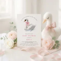 Watercolor Swan Pink Bow Baby Shower Invitation