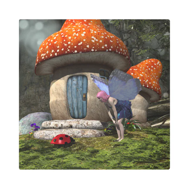 Cute Pink-Haired Fairy Meets Ladybug Metal Print