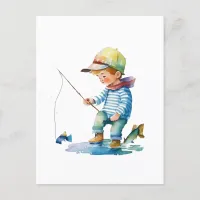 Little Boy Fishing Illustration Postcard