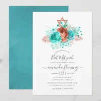 Turquoise & Coral Watercolor Bat Mitzvah Invitation