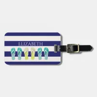 Blue white stripes flip flop beach name luggage tag