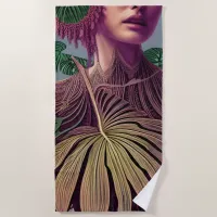 Woman in Monstera Deliciosa Leaves Beach Towel